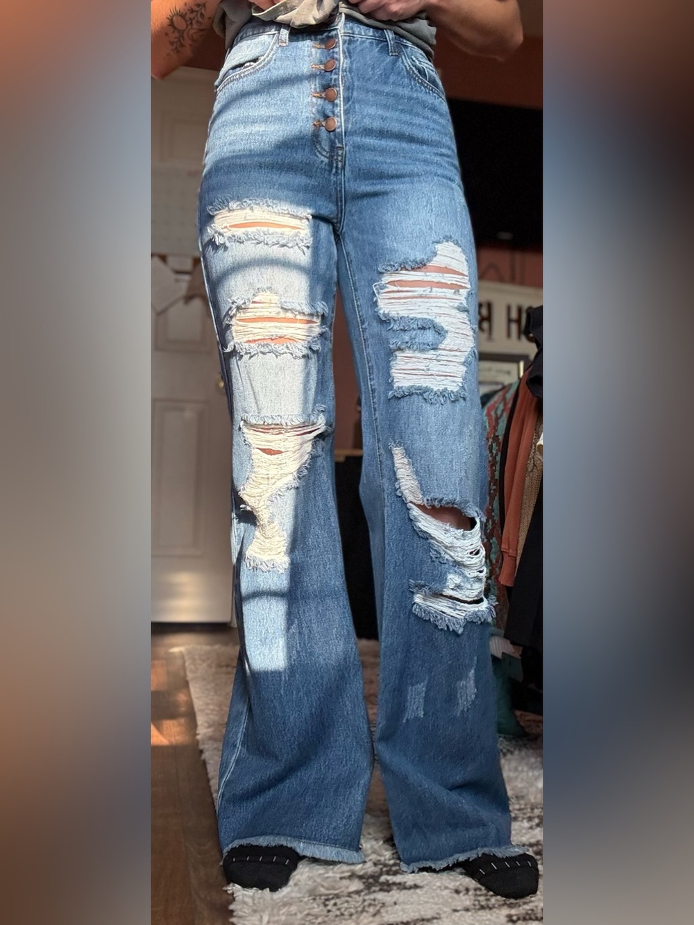 Vibrant MIU Ripped High-Rise Wide Leg Jeans - Blue Extra Long